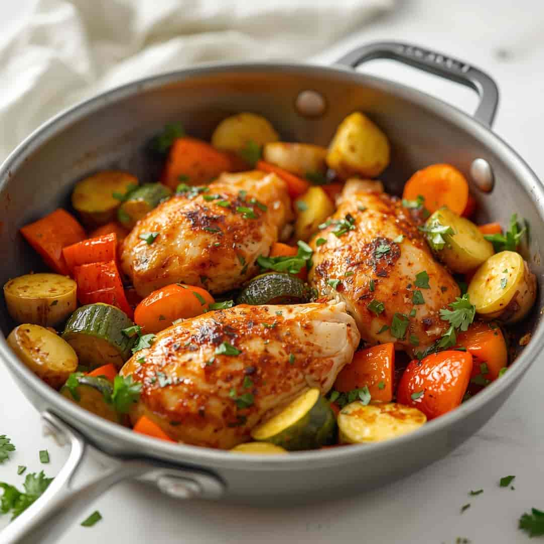 one pan hot honey garlic chicken roasted veggies
