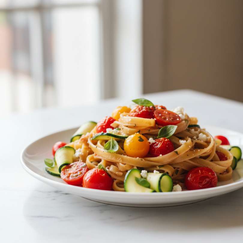 summery tomato zucchini pasta featured - Summery tomato zucchini pasta