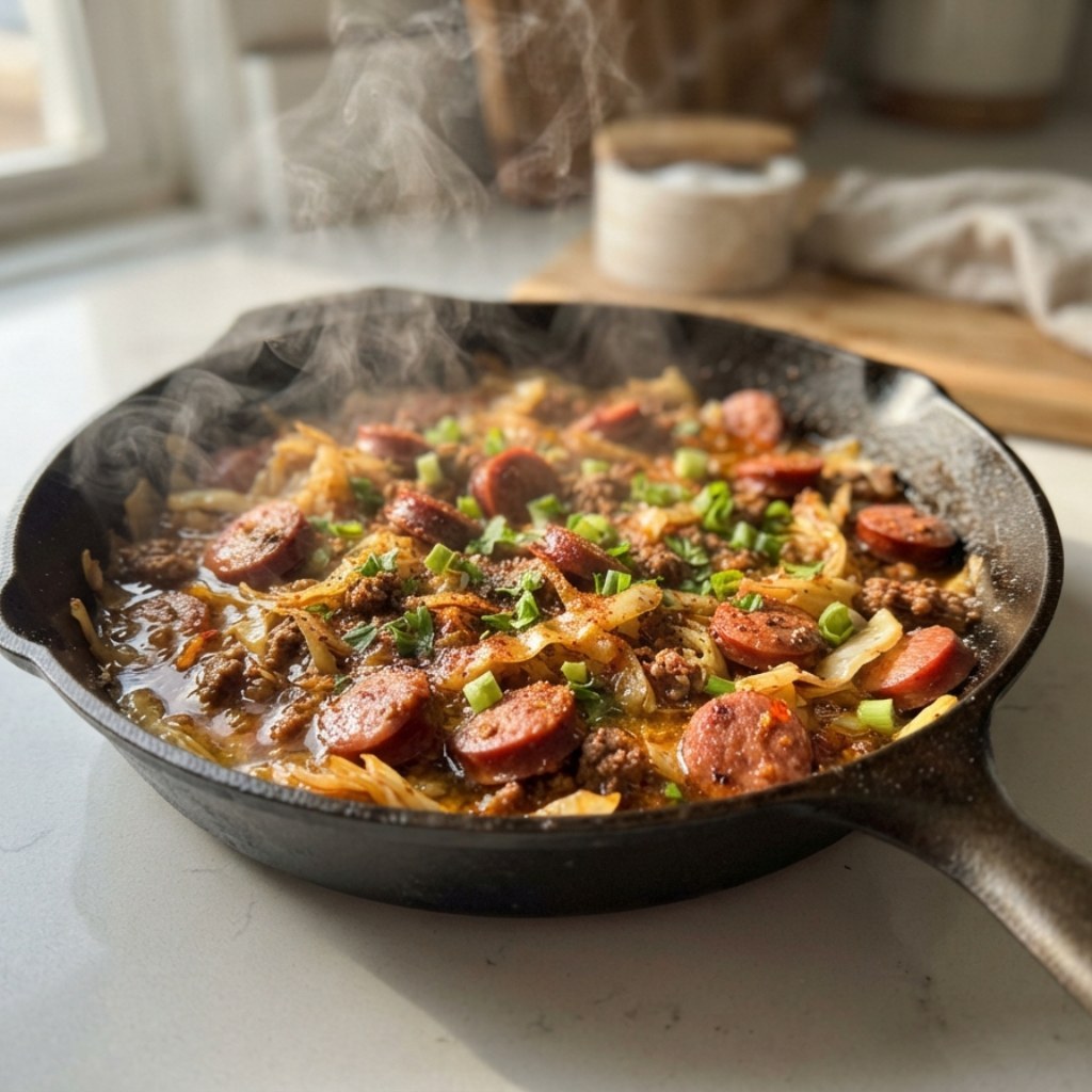 Cajun Dirty Cabbage with Ground Beef and Andouille Sausage